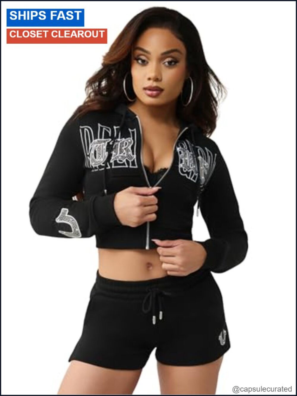 Cropped Zip Hoodie Embroidered Ribbed Hem Cotton Polyester